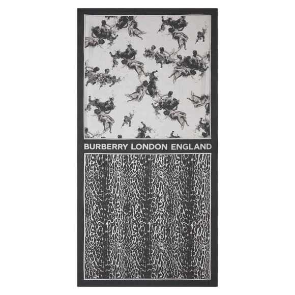 NWT BURBERRY BLACK WHITE SILK ANGEL LEOPARD PRINT LIGHTWEIGHT SCARF 78X39 ITALY - Picture 1 of 12